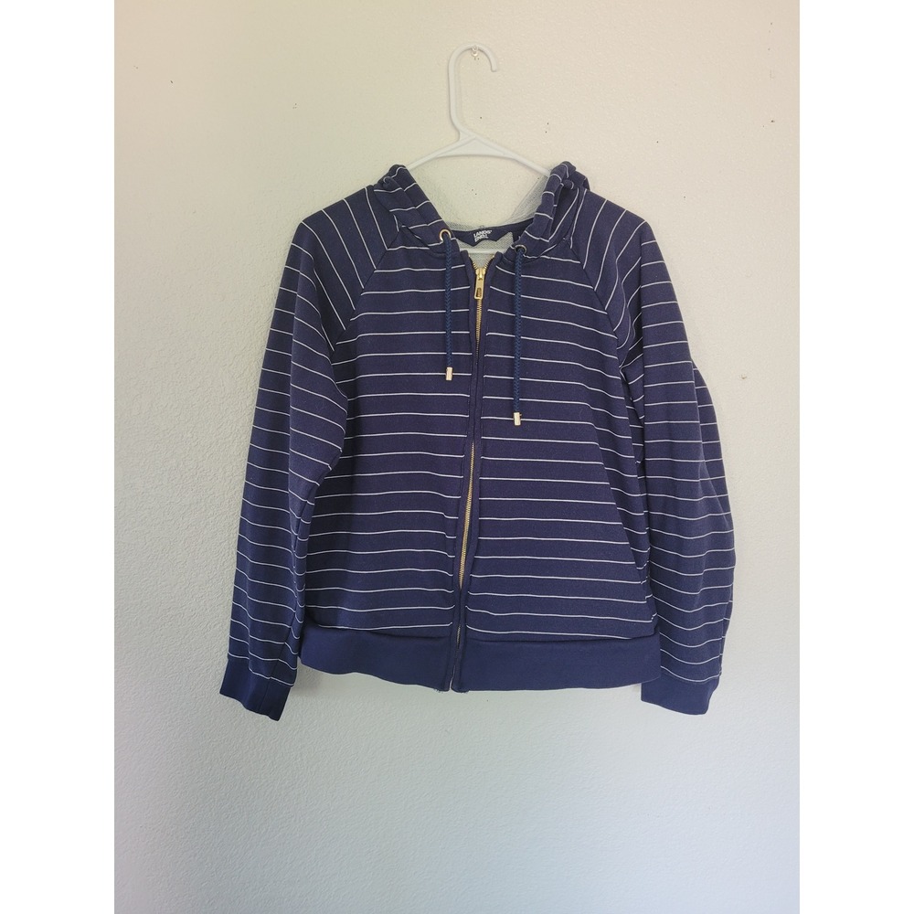 Lands' End Women's Hoodie Jacket Full‎ Zip Striped Blue White Gold Accent M #2